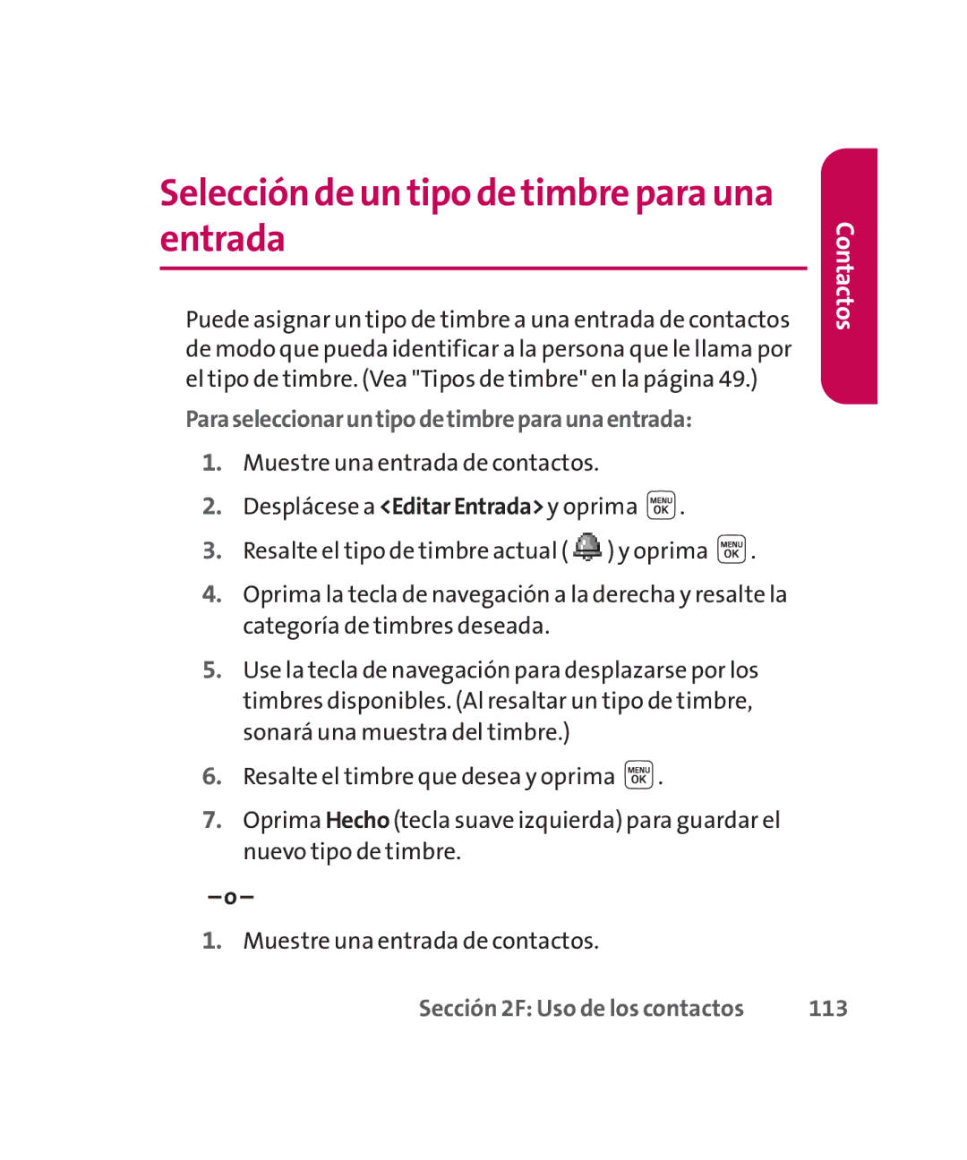 LG Electronics MMBB0267301(1.0) manual Selección de un tipo de timbre para una entrada 