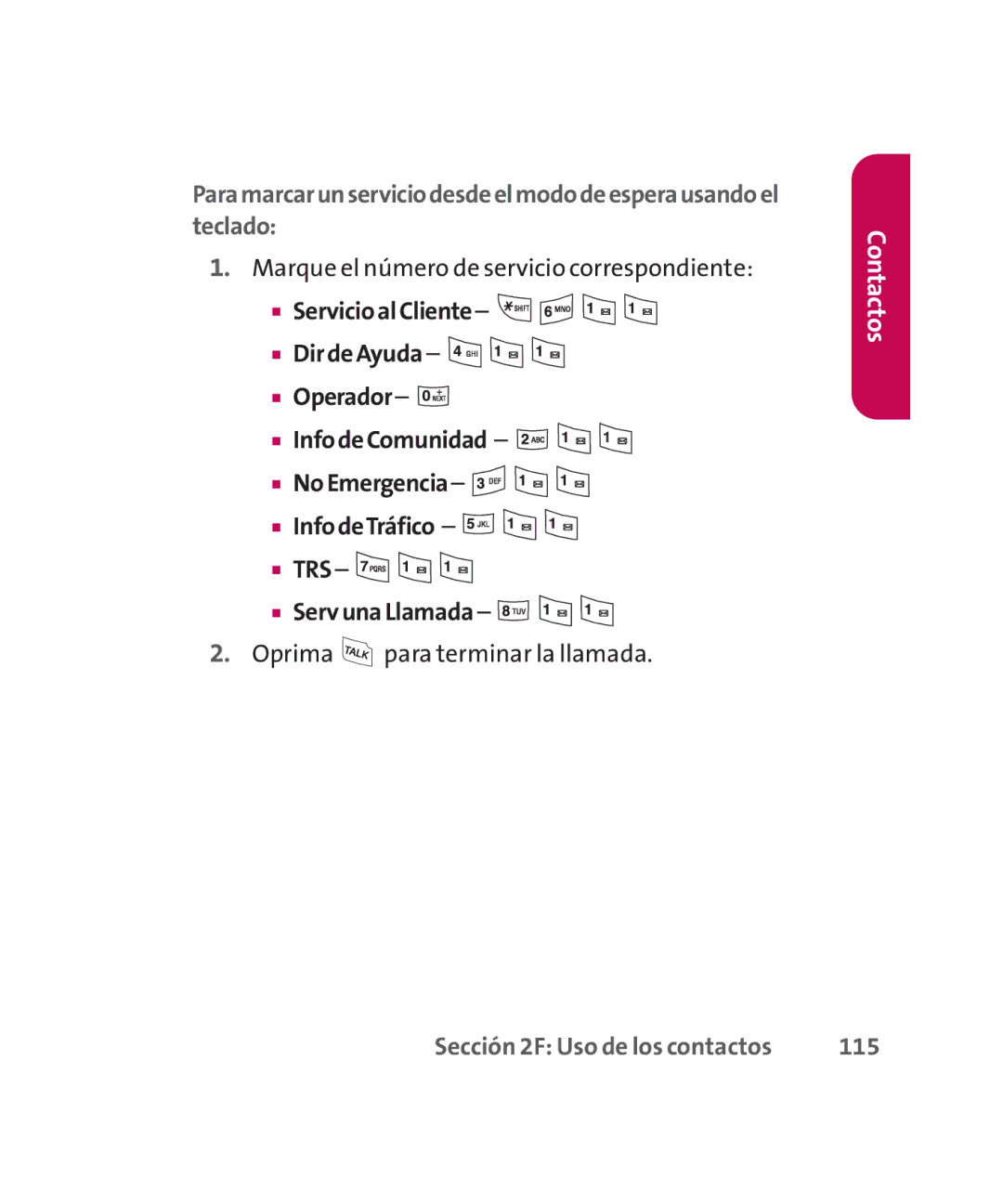 LG Electronics MMBB0267301(1.0) manual Marque el número de servicio correspondiente, Oprima para terminar la llamada 