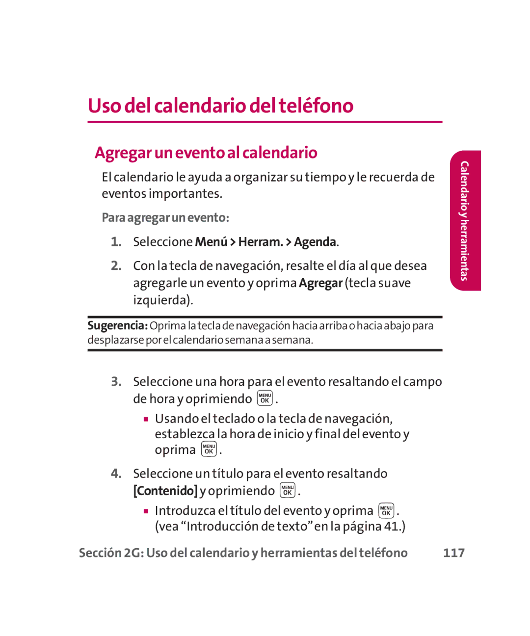 LG Electronics MMBB0267301(1.0) Uso del calendario del teléfono, Agregar un evento al calendario, Paraagregarunevento 