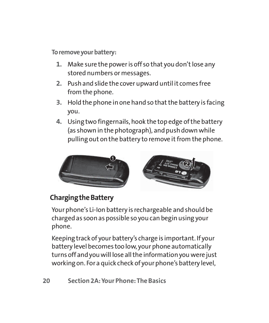 LG Electronics MMBB0267301(1.0) manual ChargingtheBattery, Toremoveyourbattery 