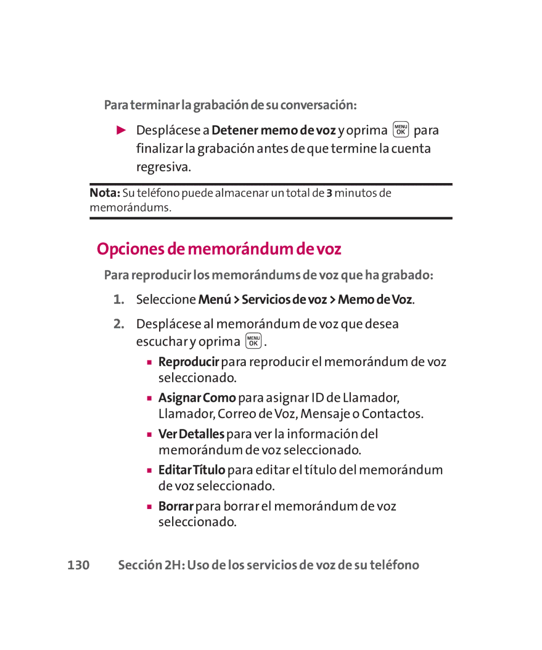 LG Electronics MMBB0267301(1.0) manual Opciones de memorándum de voz, Paraterminarlagrabacióndesuconversación, Regresiva 