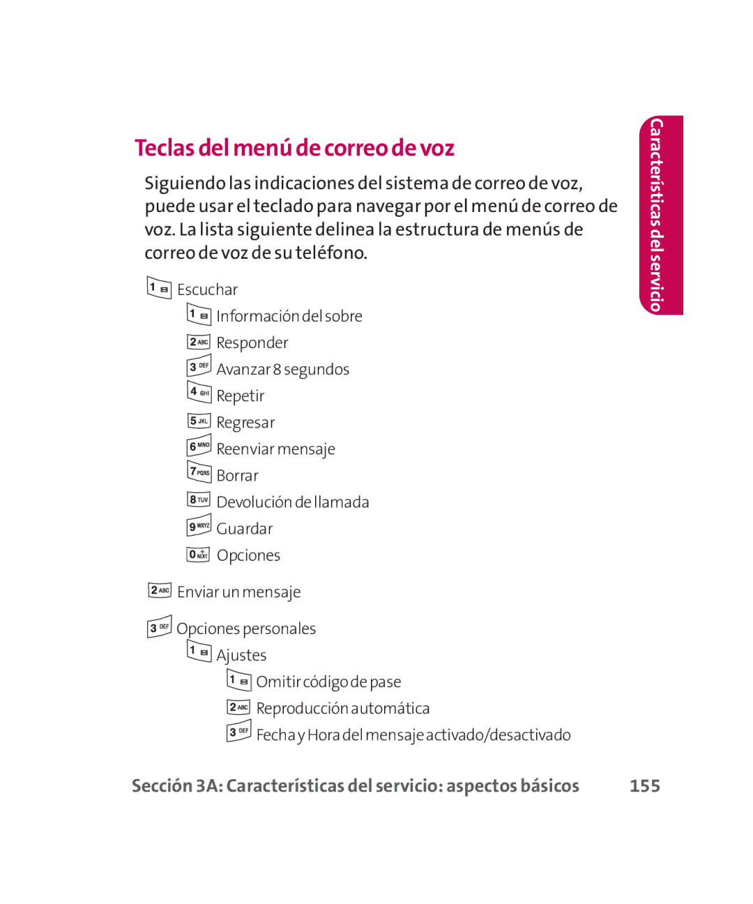 LG Electronics MMBB0267301(1.0) manual Teclas del menúde correo de voz, 155 