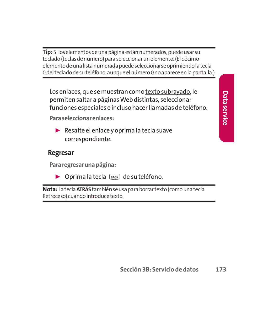 LG Electronics MMBB0267301(1.0) Regresar, Paraseleccionarenlaces, Pararegresarunapágina,  Oprima la tecla de su teléfono 