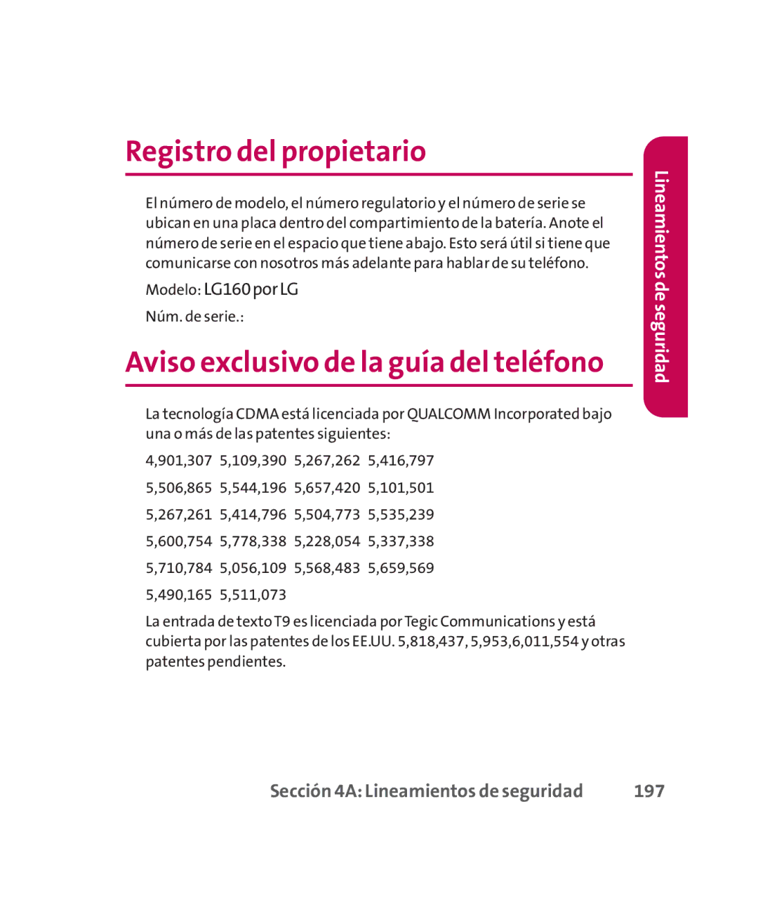 LG Electronics MMBB0267301(1.0) Registro del propietario, Aviso exclusivo de la guía del teléfono, Modelo LG160porLG, 197 