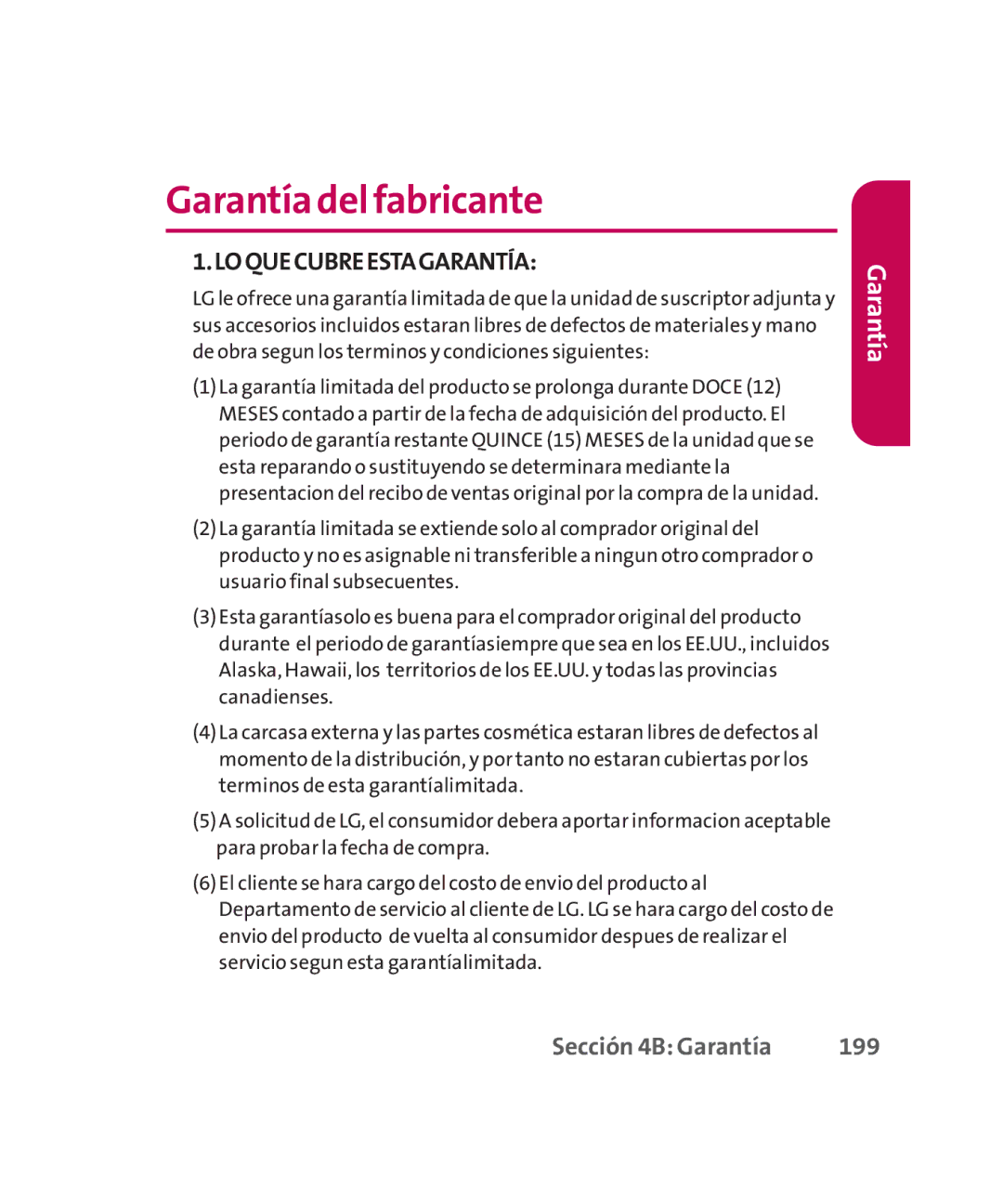 LG Electronics MMBB0267301(1.0) manual Garantía del fabricante, Sección 4B Garantía 199 