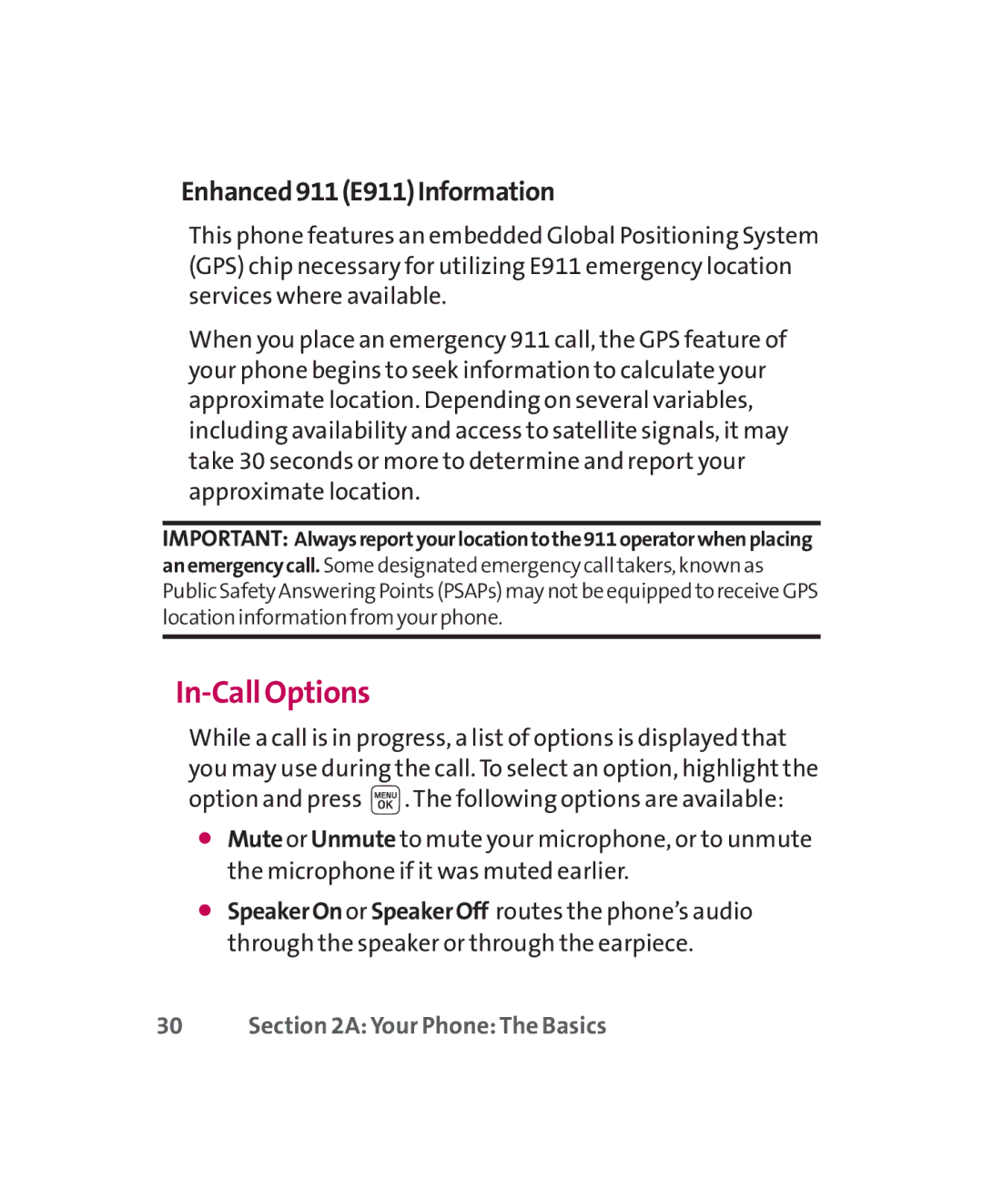 LG Electronics MMBB0267301(1.0) manual In-Call Options, Enhanced911E911Information 