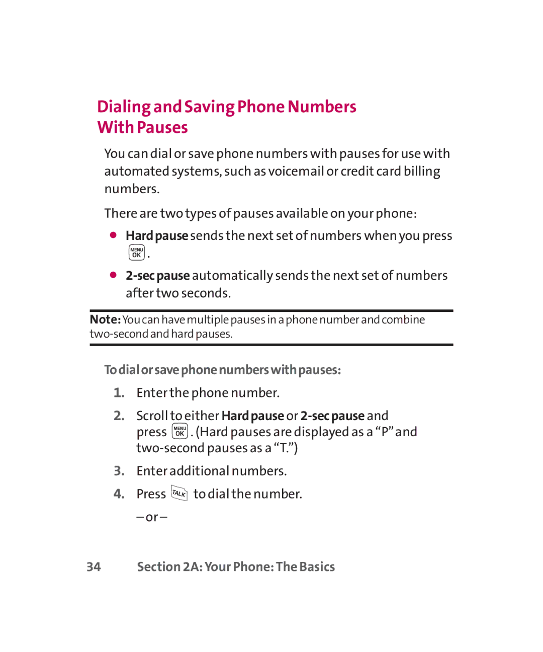 LG Electronics MMBB0267301(1.0) manual Dialing and Saving Phone Numbers With Pauses, Todialorsavephonenumberswithpauses 