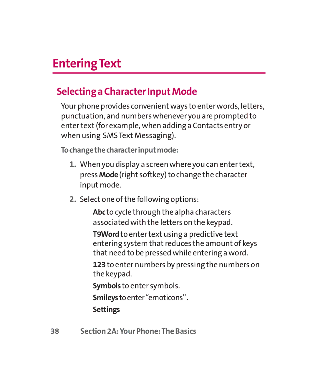 LG Electronics MMBB0267301(1.0) EnteringText, Selectinga Character InputMode, Tochangethecharacterinputmode,  Settings 