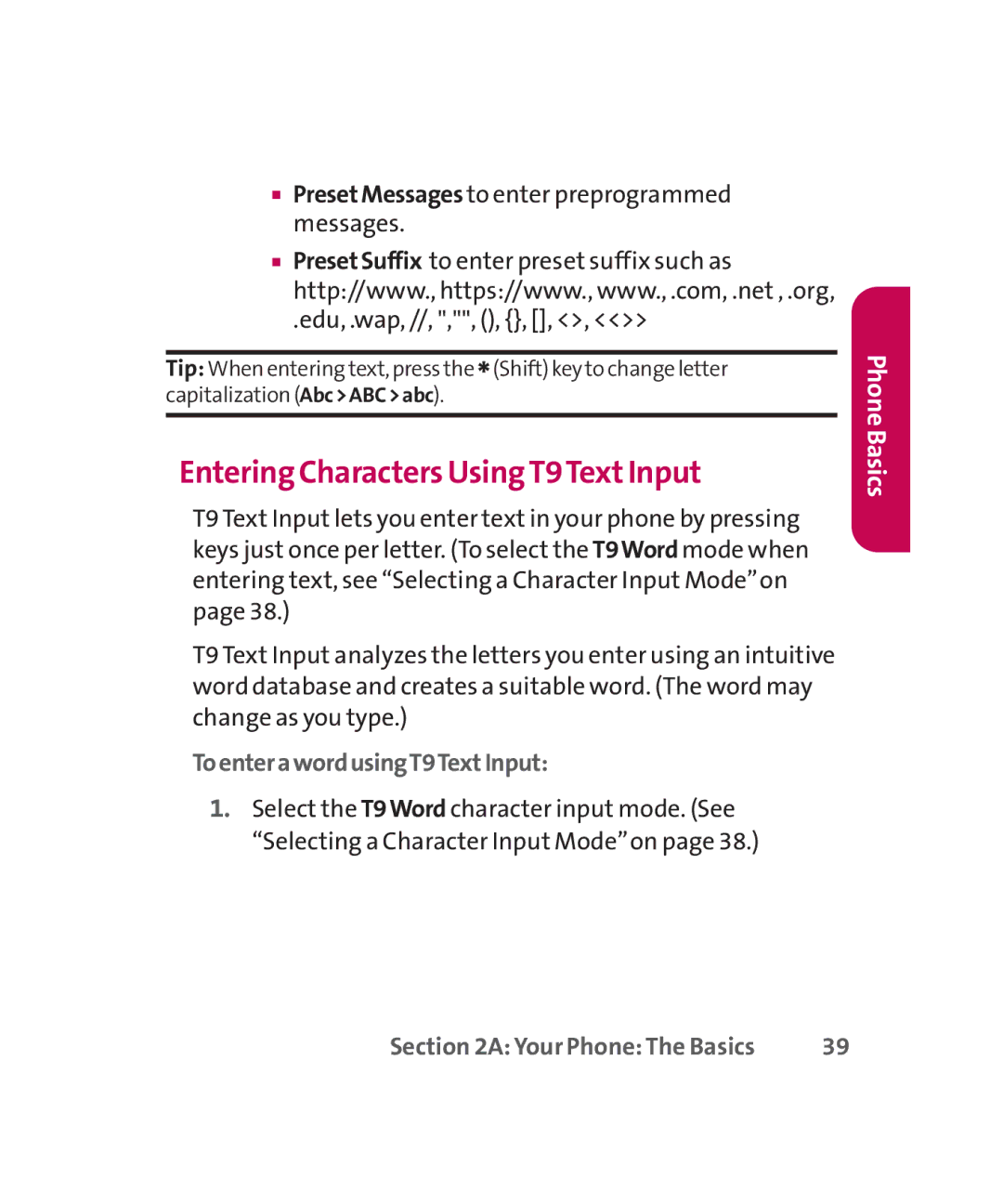 LG Electronics MMBB0267301(1.0) Entering Characters Using T9TextInput,  PresetMessages to enter preprogrammed messages 