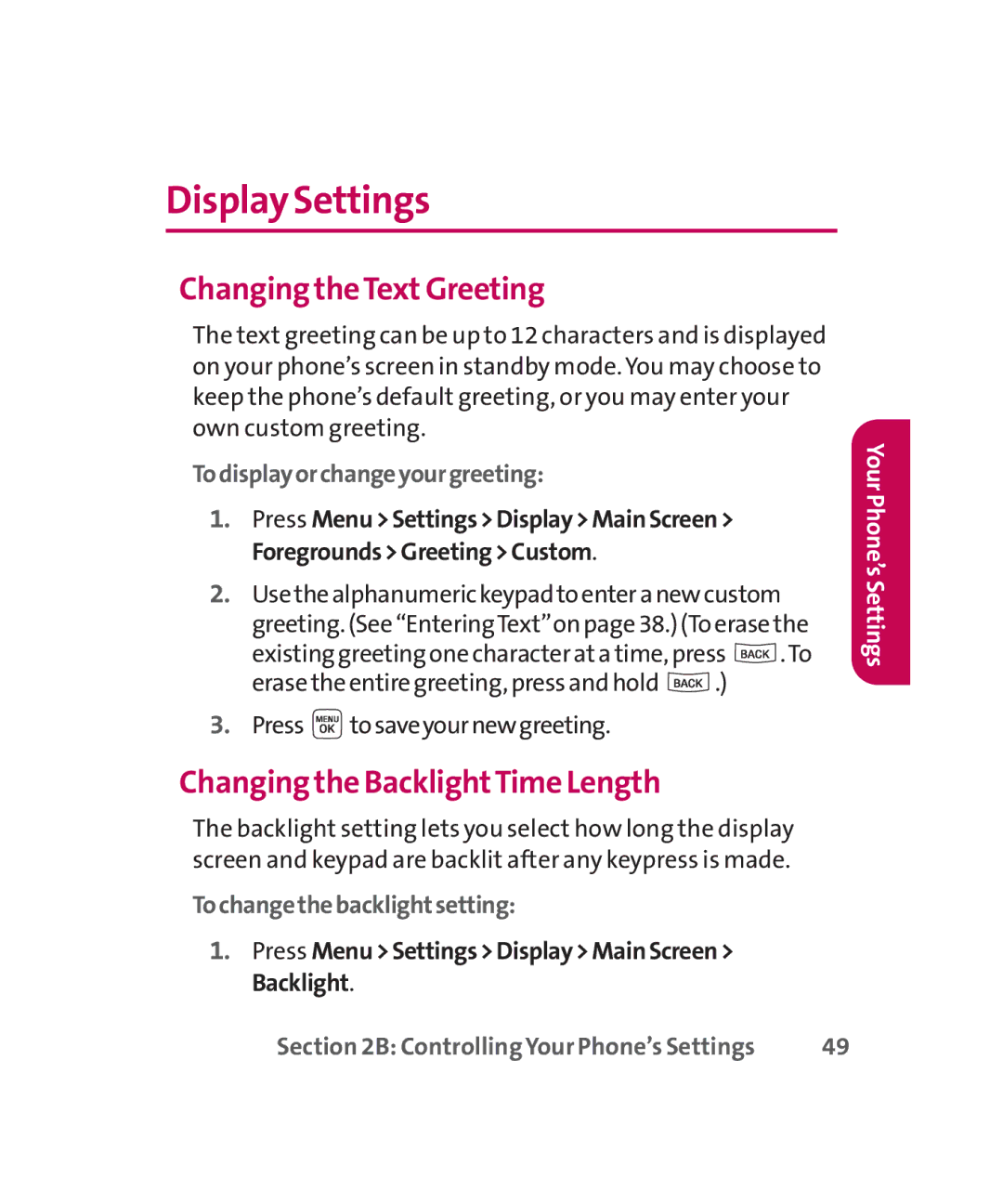 LG Electronics MMBB0267301(1.0) manual Display Settings, Changing theTextGreeting, Changing the BacklightTime Length 