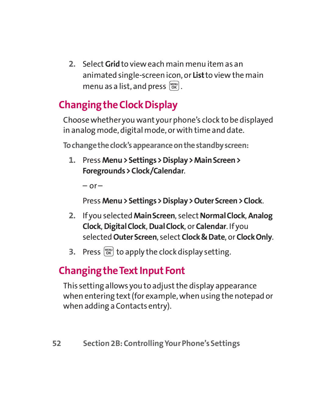 LG Electronics MMBB0267301(1.0) manual Changing the Clock Display, Changing theTextInputFont 