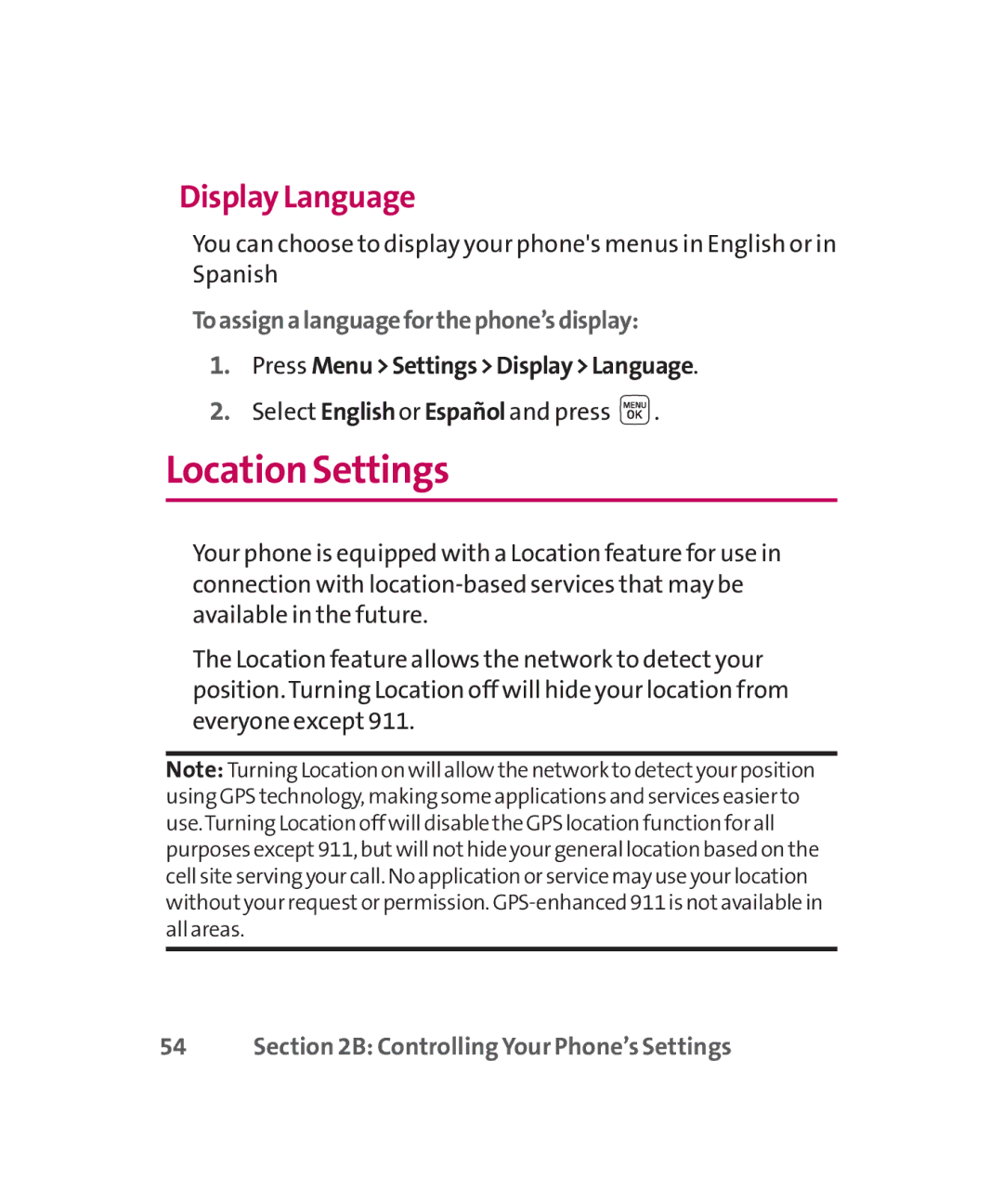 LG Electronics MMBB0267301(1.0) manual Location Settings, Display Language, Toassignalanguageforthephone’sdisplay 