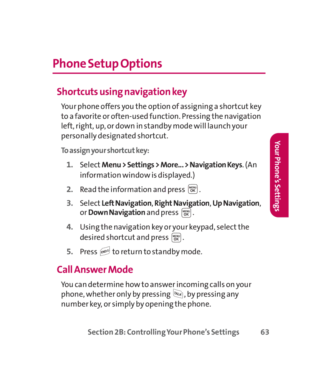 LG Electronics MMBB0267301(1.0) manual Phone Setup Options, Shortcuts using navigation key, Call Answer Mode 