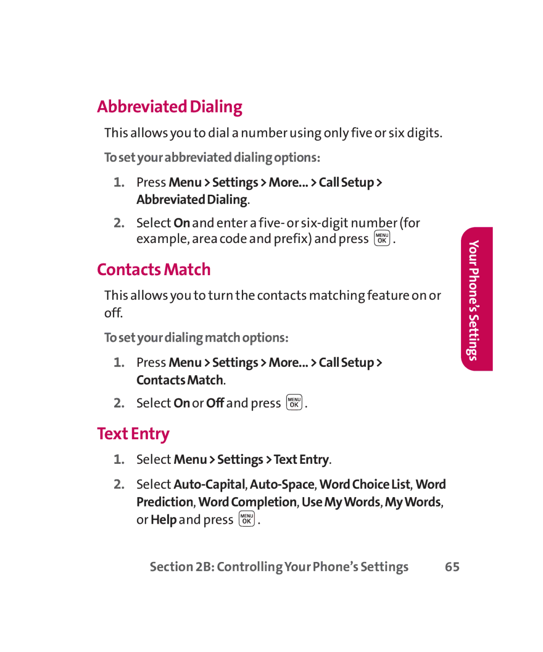 LG Electronics MMBB0267301(1.0) manual Abbreviated Dialing, Contacts Match, TextEntry, Tosetyourabbreviateddialingoptions 