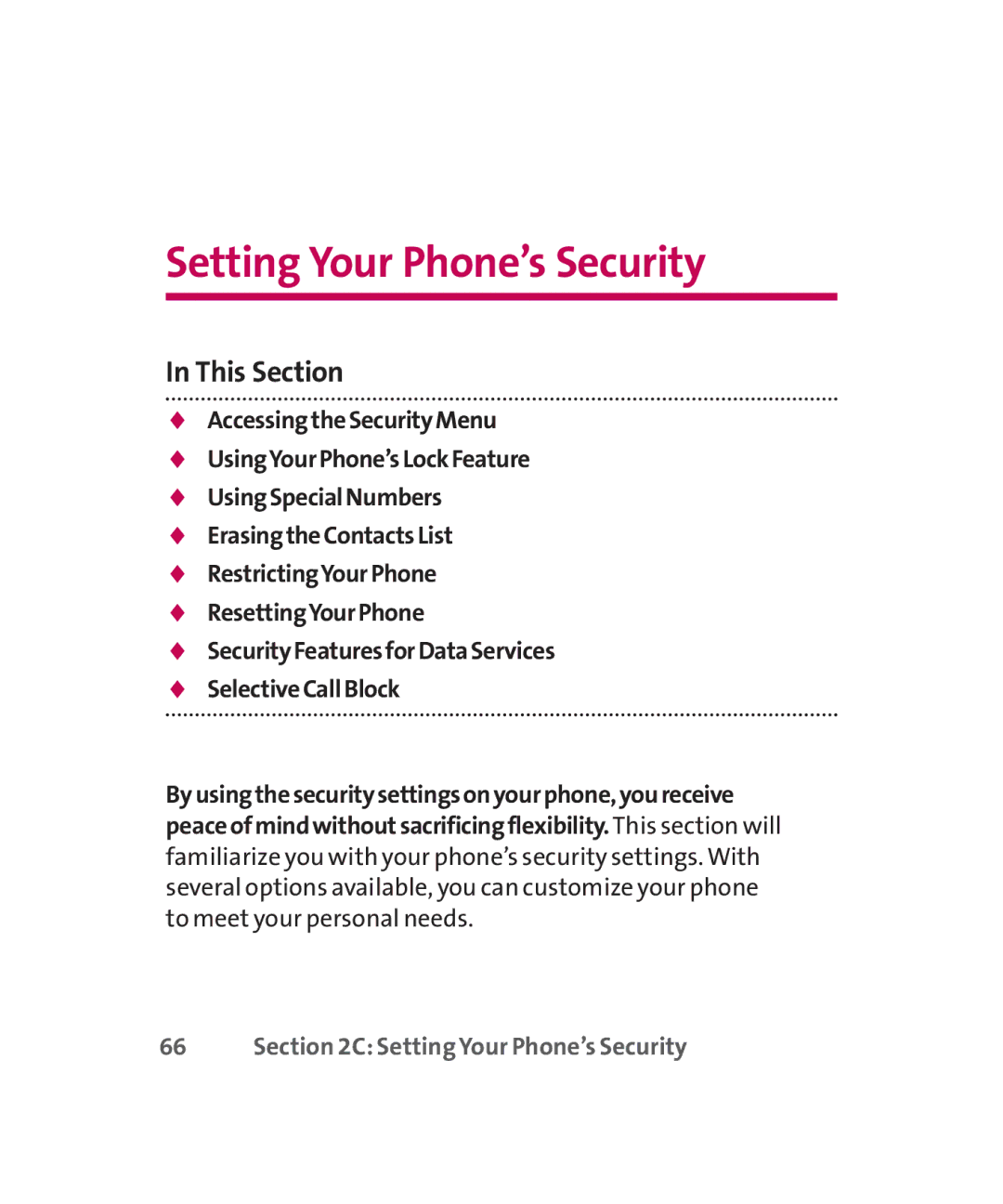 LG Electronics MMBB0267301(1.0) manual Setting Your Phone’s Security, This Section 