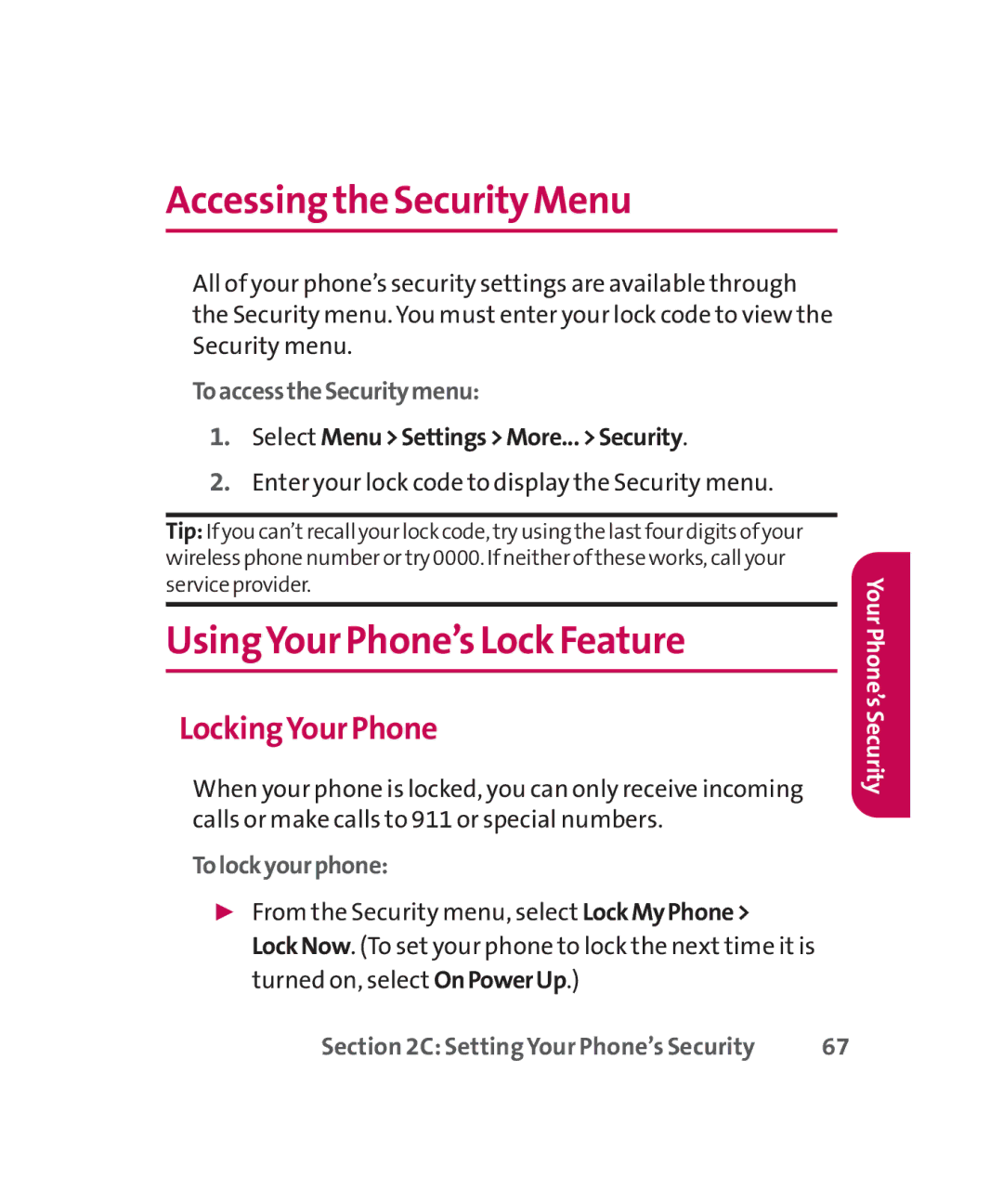 LG Electronics MMBB0267301(1.0) manual Accessing the Security Menu, UsingYour Phone’s Lock Feature, LockingYour Phone 