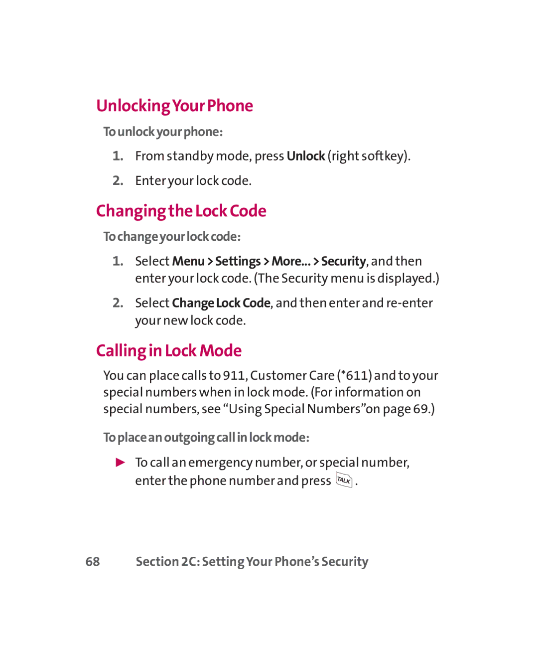 LG Electronics MMBB0267301(1.0) manual UnlockingYour Phone, Changingthe Lock Code, Calling in Lock Mode 