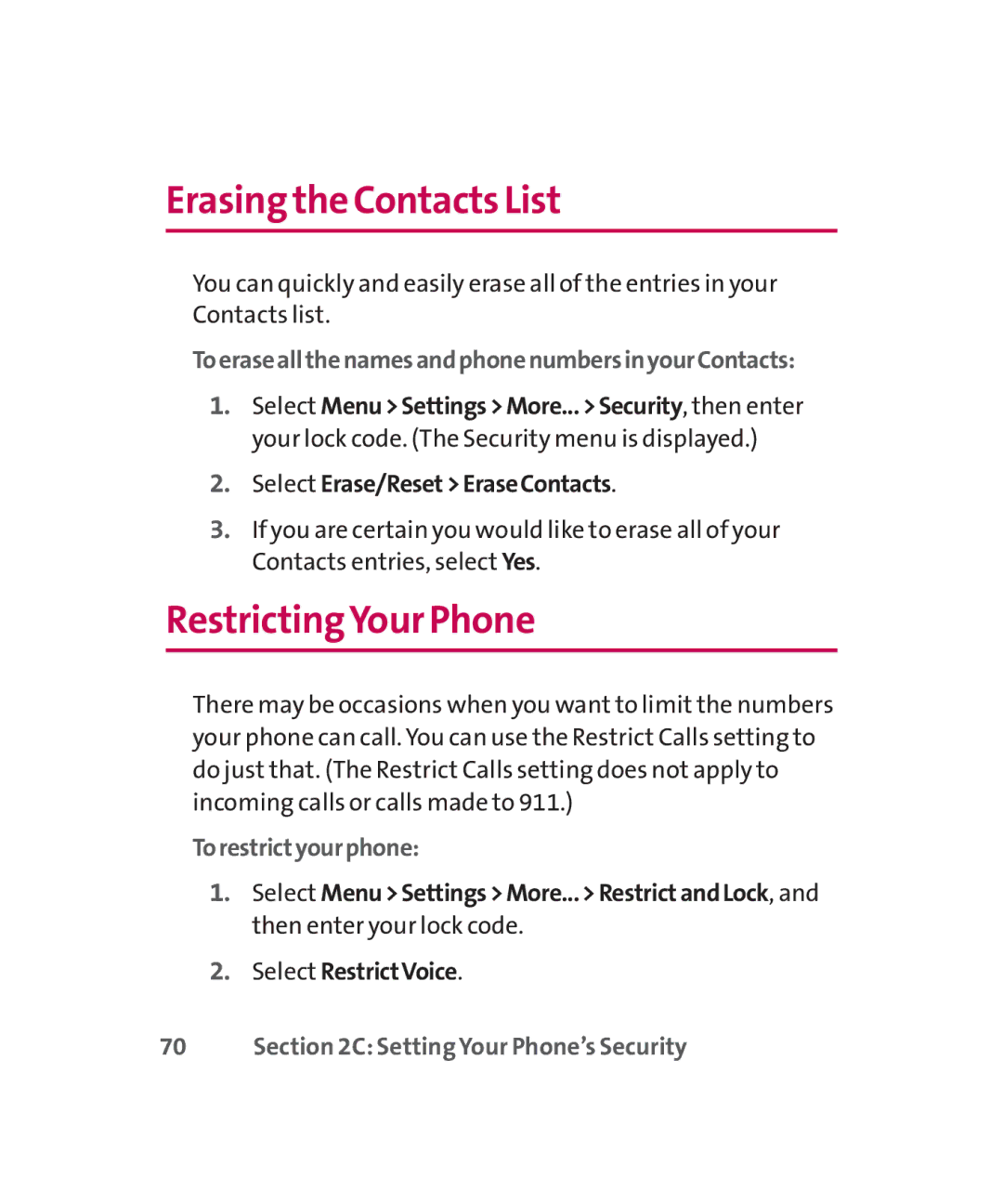 LG Electronics MMBB0267301(1.0) manual Erasingthe Contacts List, RestrictingYour Phone, Select Erase/ResetEraseContacts 