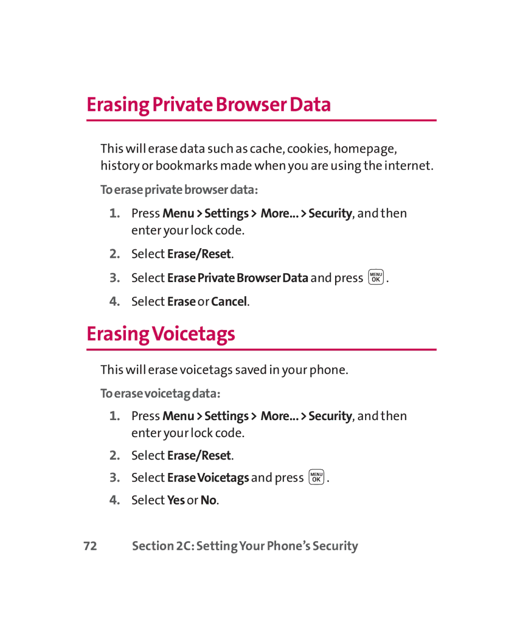 LG Electronics MMBB0267301(1.0) manual Erasing Private Browser Data, ErasingVoicetags, Toeraseprivatebrowserdata 