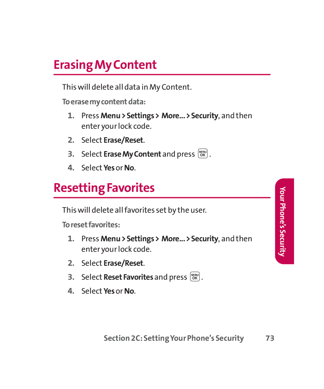 LG Electronics MMBB0267301(1.0) manual Erasing My Content, Resetting Favorites, Toerasemycontentdata, Toresetfavorites 