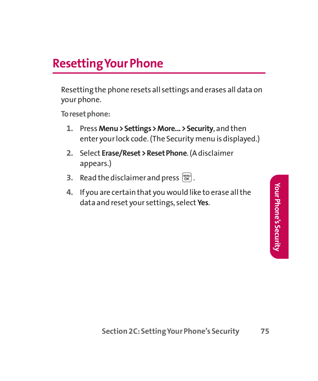 LG Electronics MMBB0267301(1.0) ResettingYour Phone, Toresetphone, Select Erase/ResetResetPhone. a disclaimer appears 