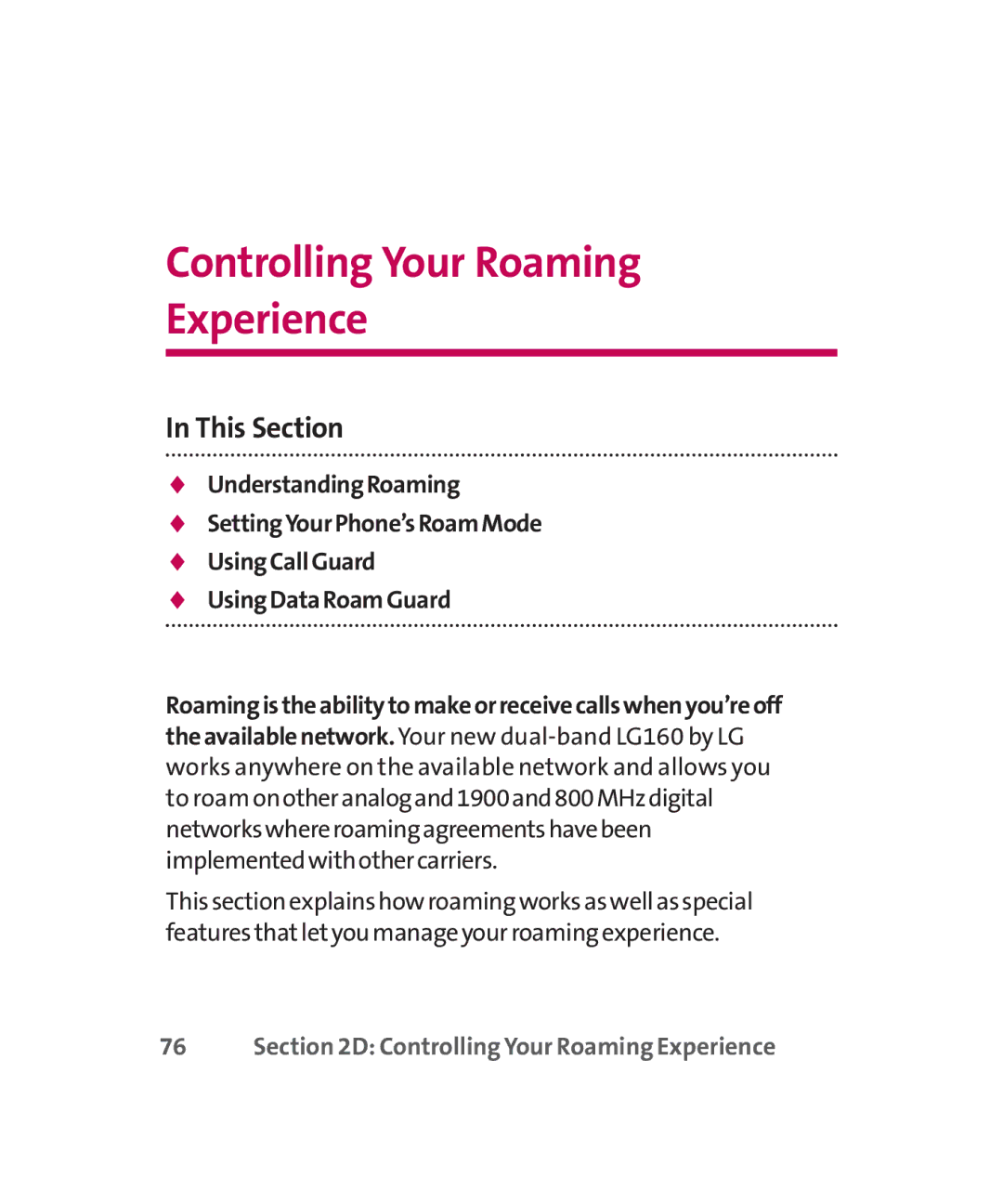 LG Electronics MMBB0267301(1.0) manual Controlling Your Roaming Experience, This Section 