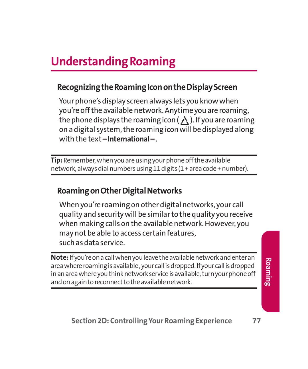 LG Electronics MMBB0267301(1.0) manual Understanding Roaming, RoamingonOtherDigitalNetworks 