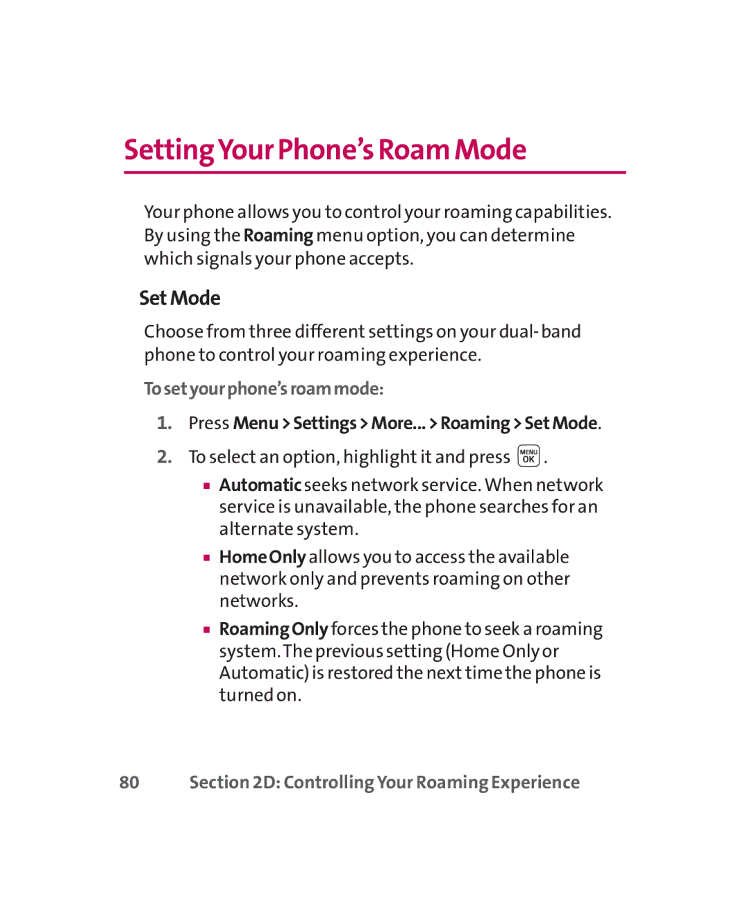 LG Electronics MMBB0267301(1.0) manual SettingYour Phone’s Roam Mode, Set Mode, Tosetyourphone’sroammode 