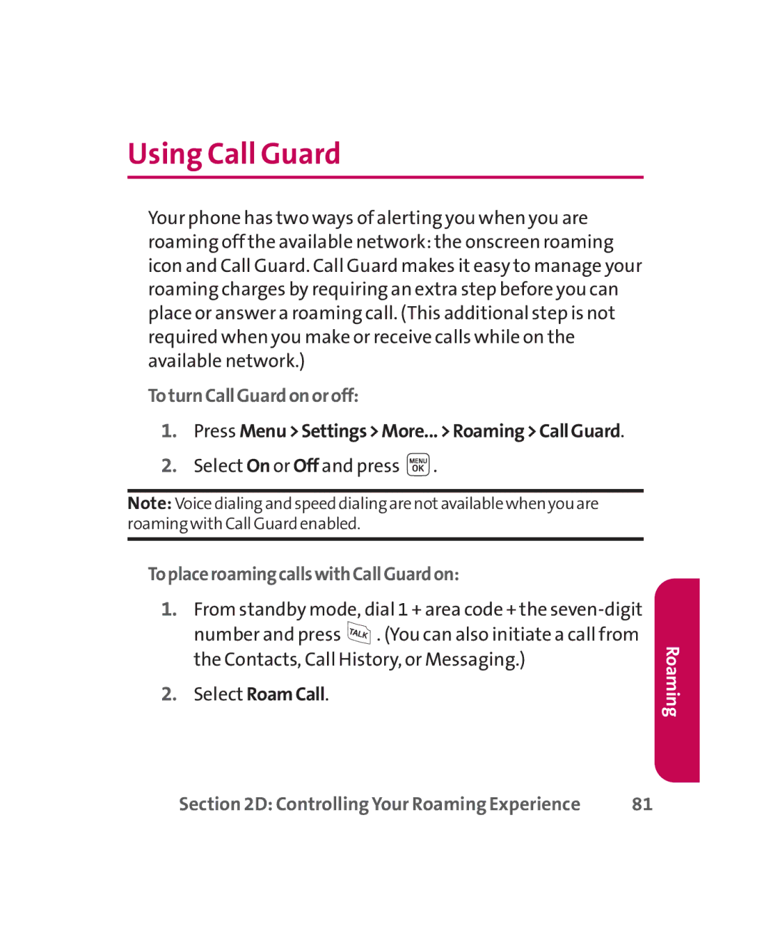 LG Electronics MMBB0267301(1.0) manual Using Call Guard, ToturnCallGuardonoroff, Press MenuSettingsMore...RoamingCallGuard 