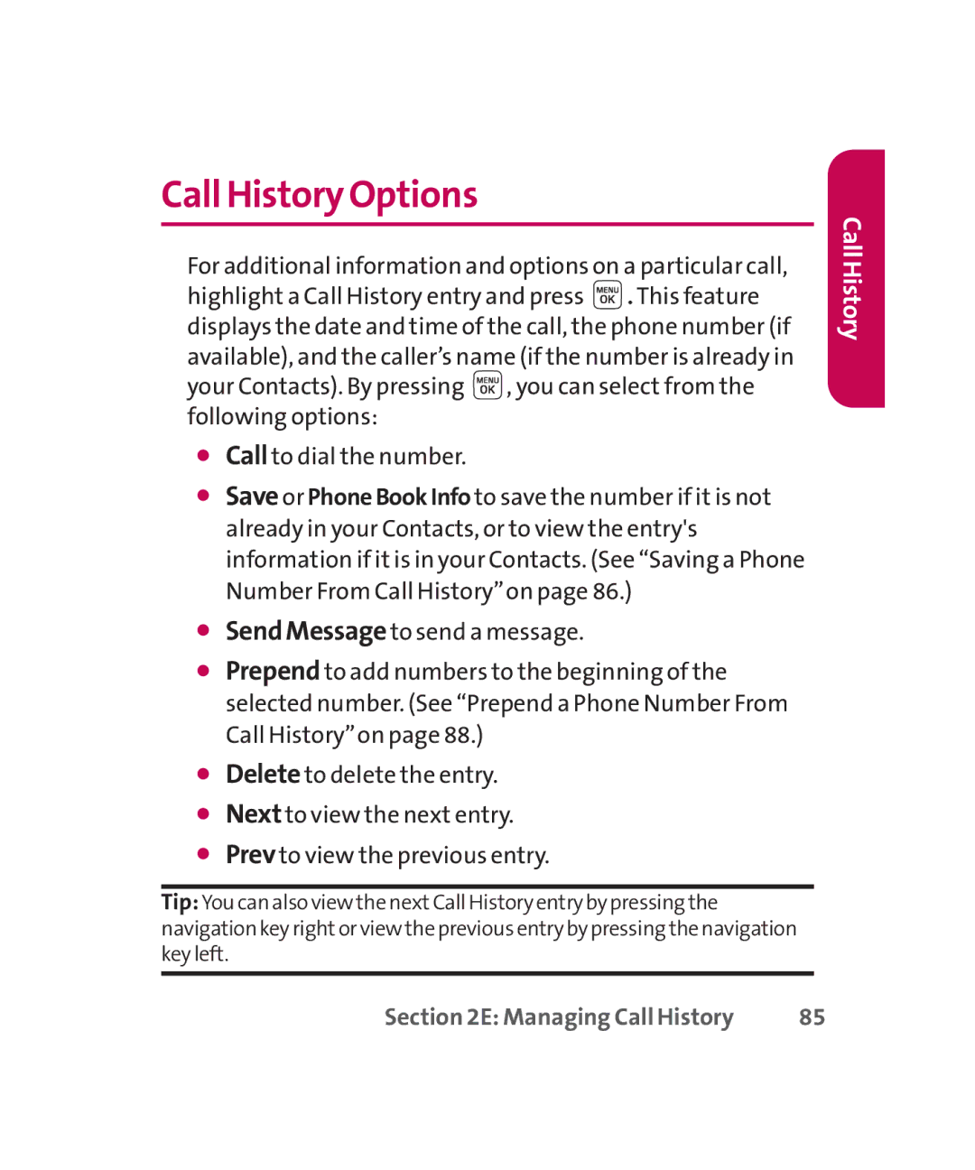 LG Electronics MMBB0267301(1.0) manual Call History Options 