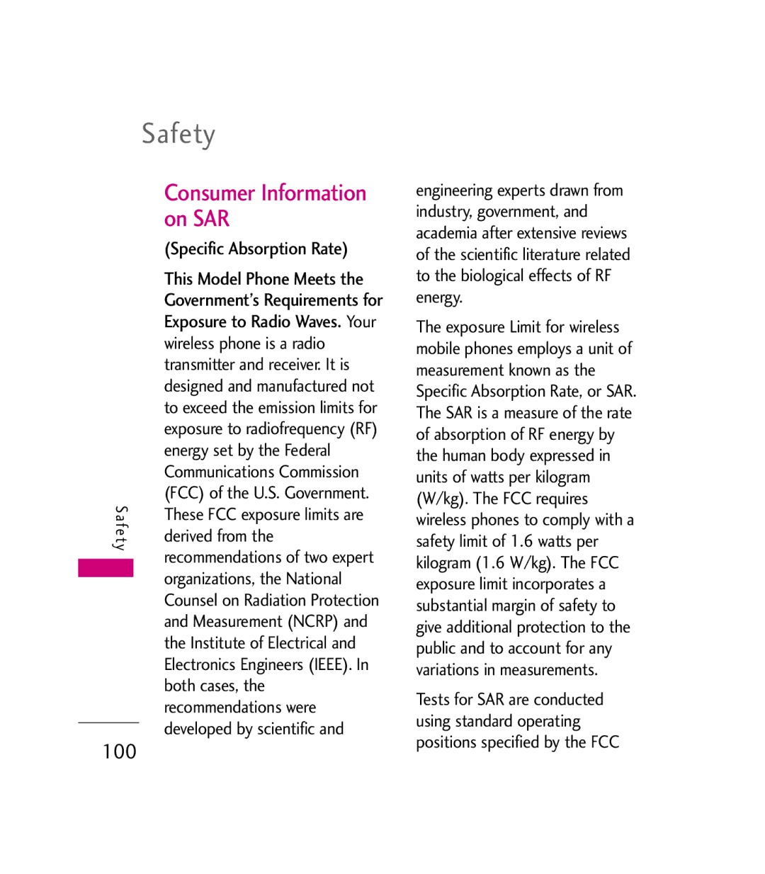 LG Electronics MMBB0272301(1.0) manual Consumer Information on SAR, Specific Absorption Rate 