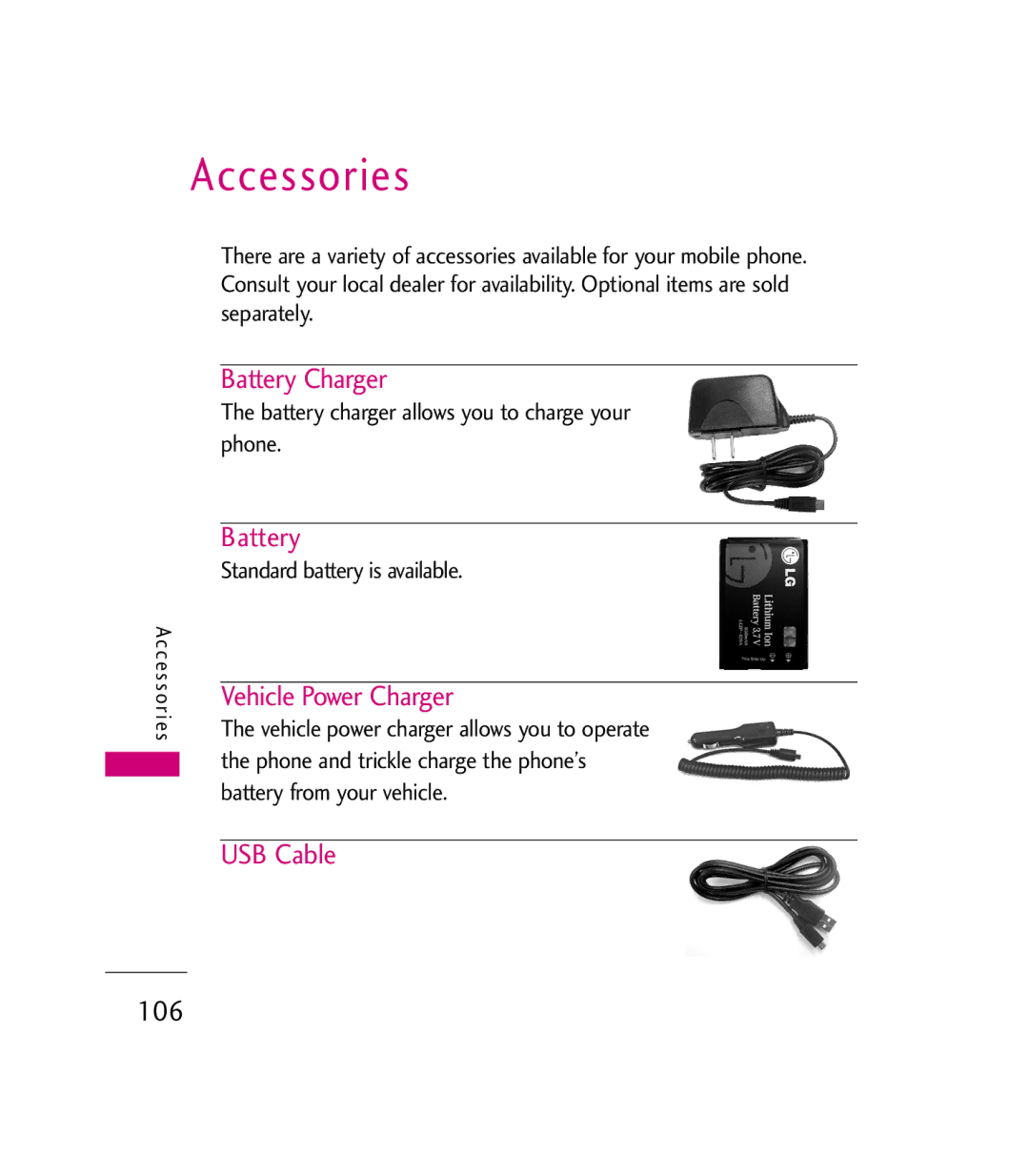 LG Electronics MMBB0272301(1.0) manual Accessories, Battery Charger, Vehicle Power Charger, USB Cable 