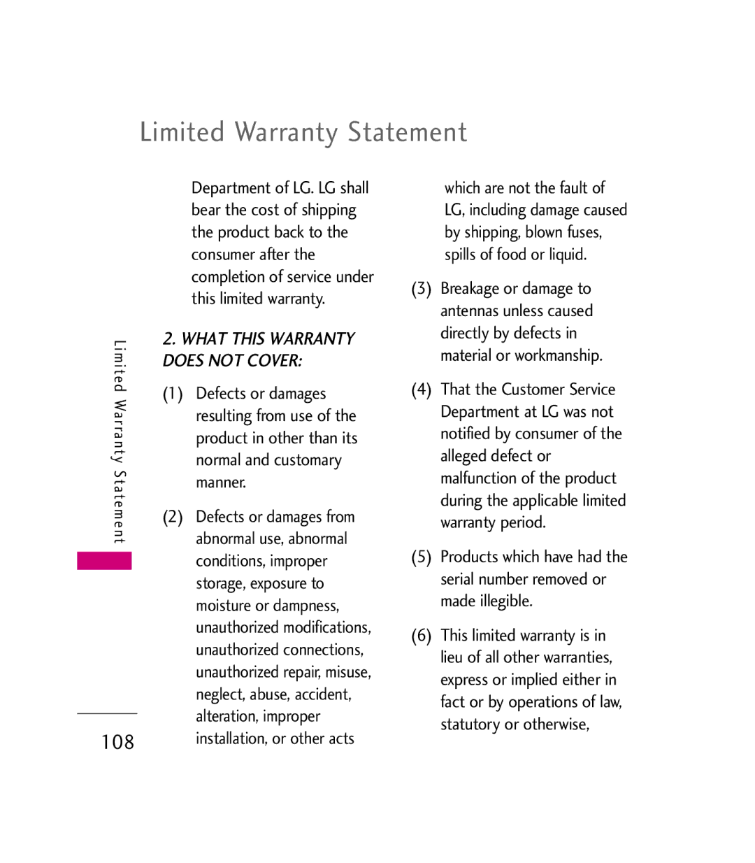 LG Electronics MMBB0272301(1.0) manual Limited Warranty Statement, 108 