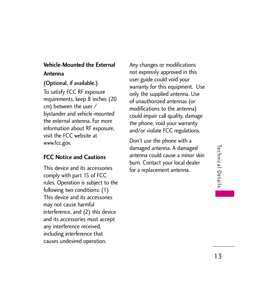 LG Electronics MMBB0272301(1.0) Vehicle-Mounted the External Antenna, Optional, if available, FCC Notice and Cautions 