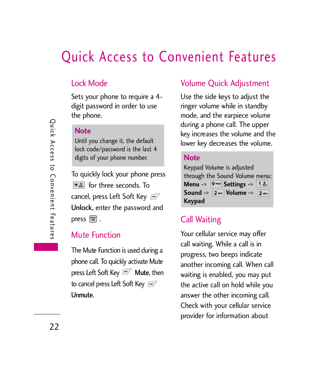 LG Electronics MMBB0272301(1.0) manual Lock Mode, Mute Function, Volume Quick Adjustment, Call Waiting 