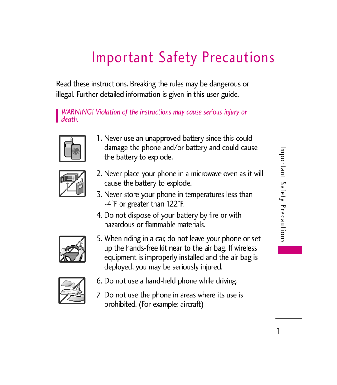 LG Electronics MMBB0272301(1.0) manual Important Safety Precautions, Do not use a hand-held phone while driving 