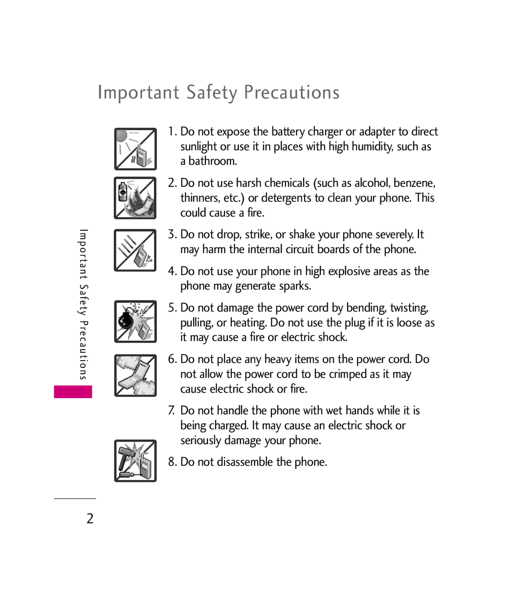 LG Electronics MMBB0272301(1.0) manual Important Safety Precautions, Do not disassemble the phone 