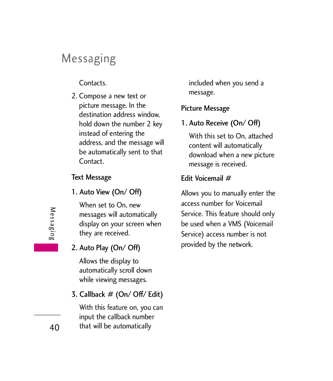 LG Electronics MMBB0272301(1.0) Text Message, Auto View On/ Off, Auto Play On/ Off, Picture Message Auto Receive On/ Off 