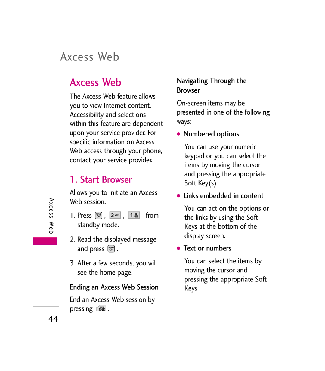 LG Electronics MMBB0272301(1.0) manual Axcess Web, Start Browser 