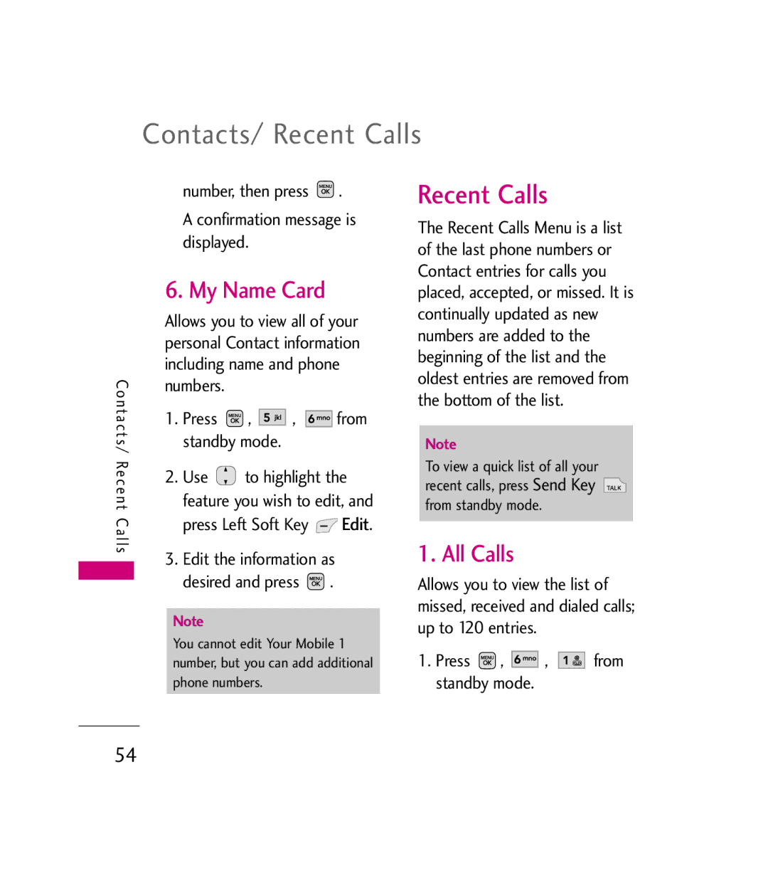 LG Electronics MMBB0272301(1.0) manual Contacts/ Recent Calls, My Name Card, All Calls 