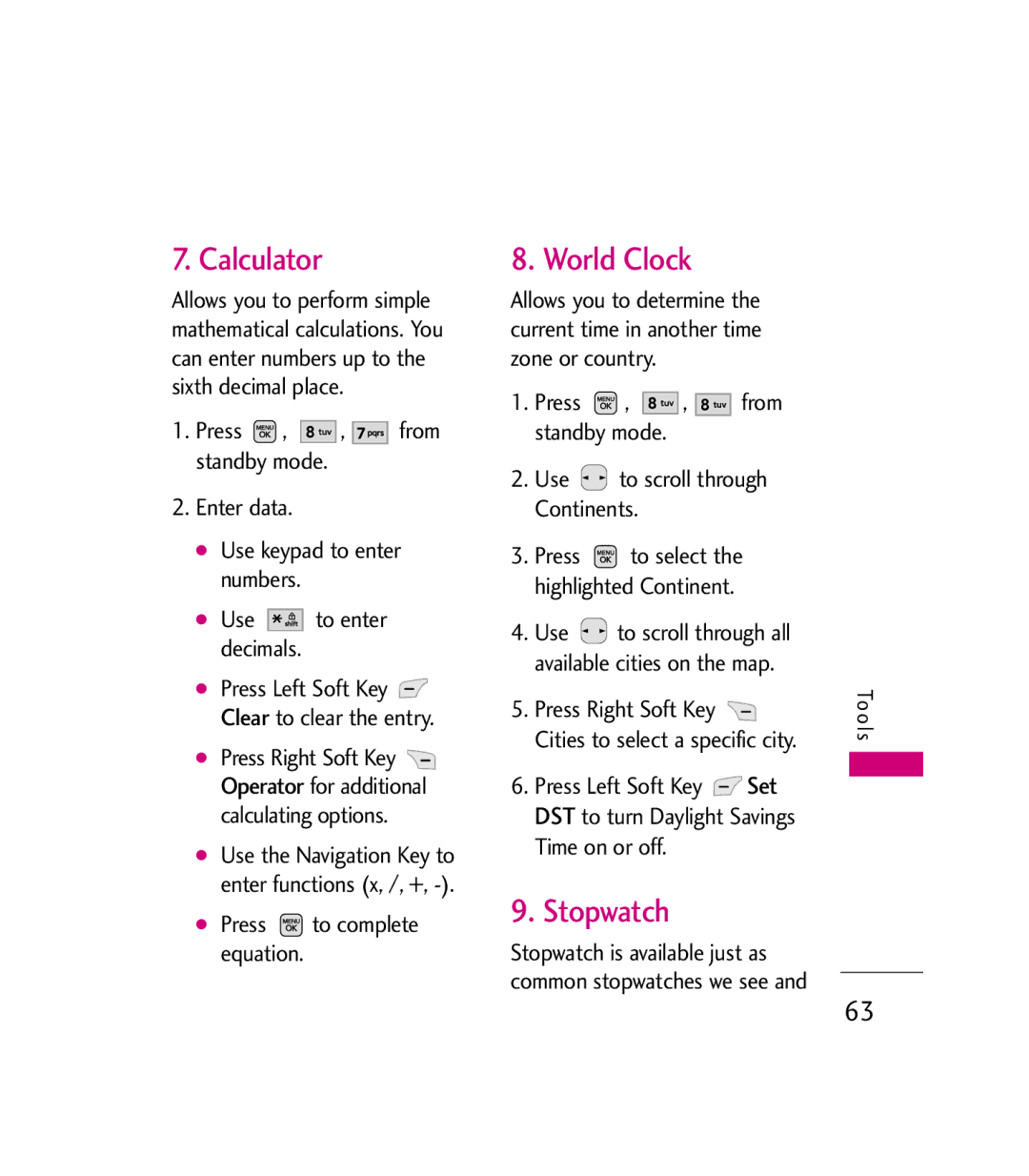 LG Electronics MMBB0272301(1.0) manual Calculator, World Clock, Stopwatch, Press to complete equation 