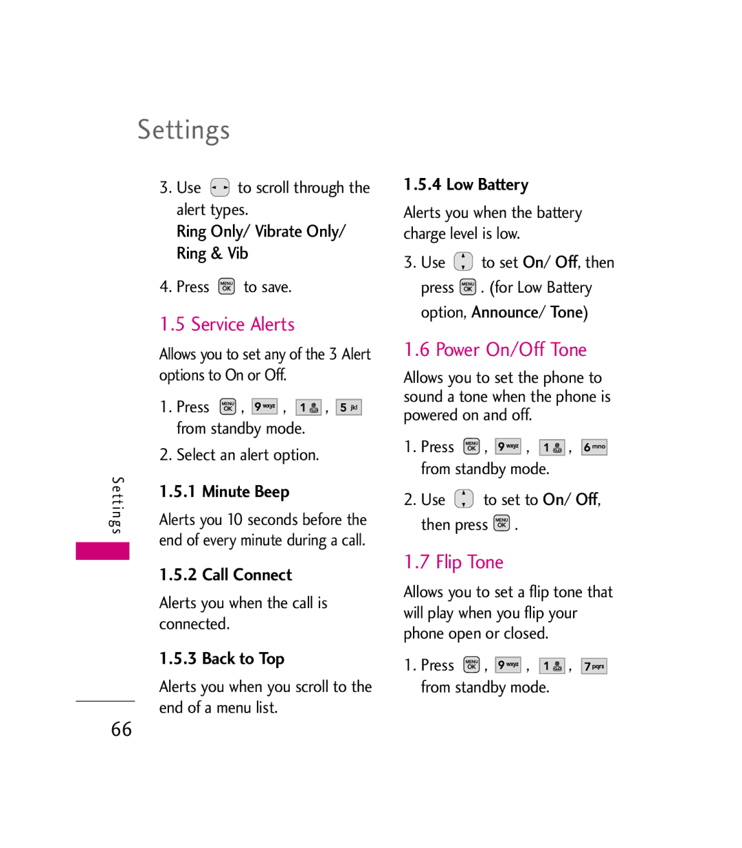 LG Electronics MMBB0272301(1.0) manual Settings, Service Alerts, Power On/Off Tone, Flip Tone 