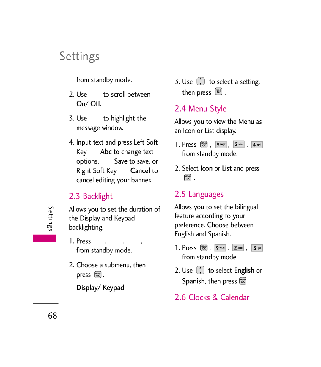 LG Electronics MMBB0272301(1.0) manual Backlight, Menu Style, Languages, Clocks & Calendar, Display/ Keypad 