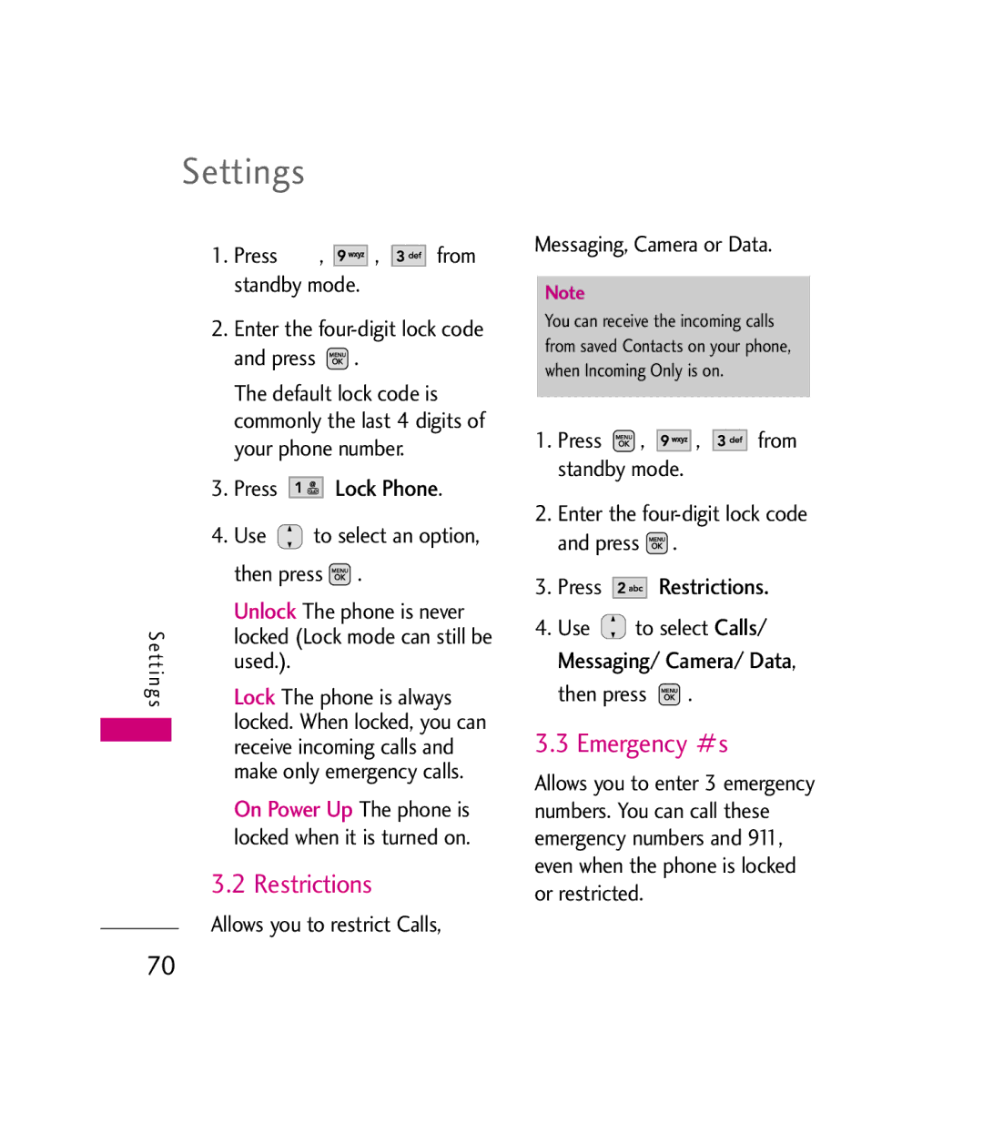 LG Electronics MMBB0272301(1.0) manual Emergency #s, Lock Phone, Press Restrictions 