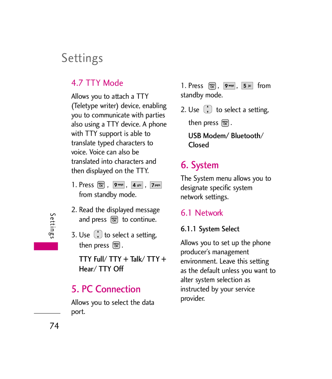 LG Electronics MMBB0272301(1.0) manual PC Connection, System, TTY Mode, Network, TTY Full/ TTY + Talk/ TTY + Hear/ TTY Off 