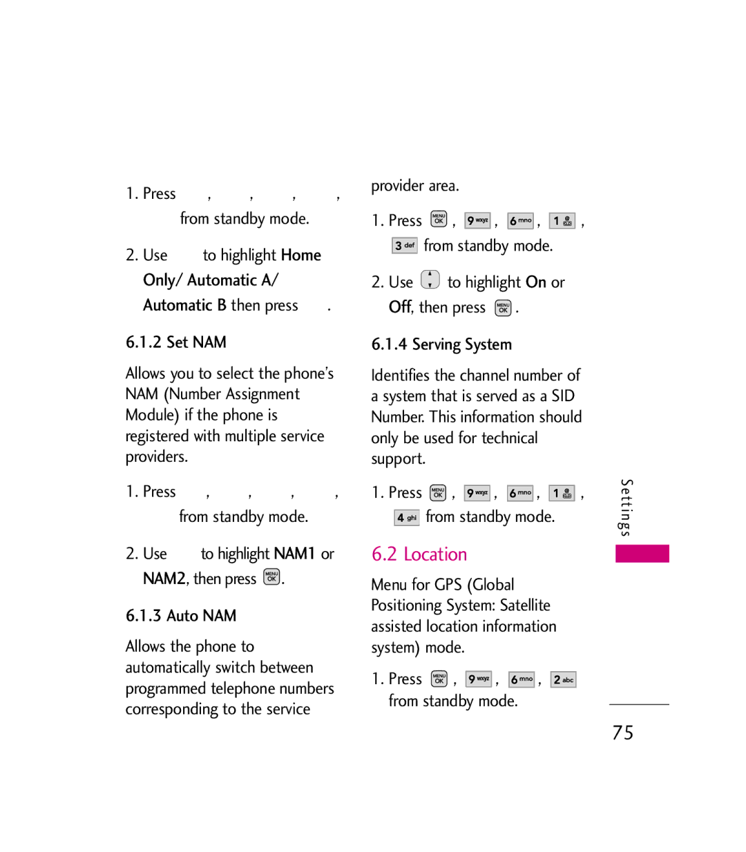 LG Electronics MMBB0272301(1.0) manual Location, Use to highlight NAM1 or NAM2, then press Auto NAM, Provider area 