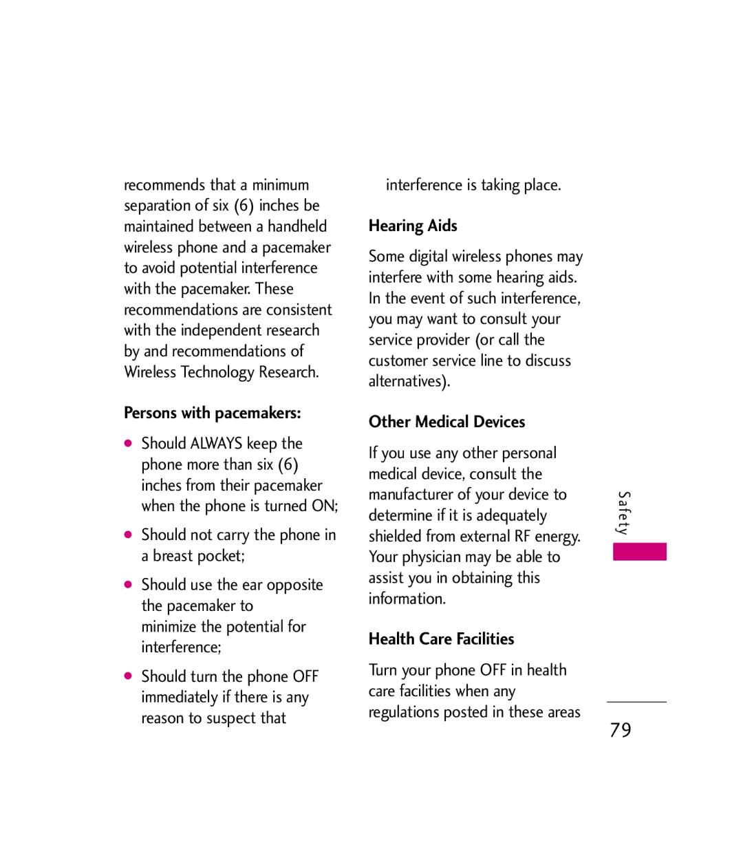 LG Electronics MMBB0272301(1.0) manual Persons with pacemakers, Hearing Aids, Other Medical Devices, Health Care Facilities 