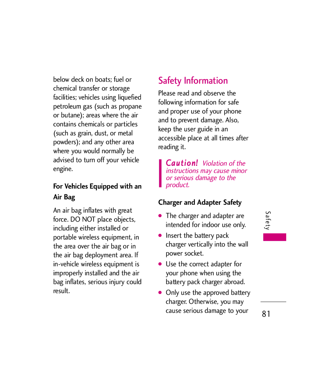 LG Electronics MMBB0272301(1.0) manual Safety Information, For Vehicles Equipped with an Air Bag 