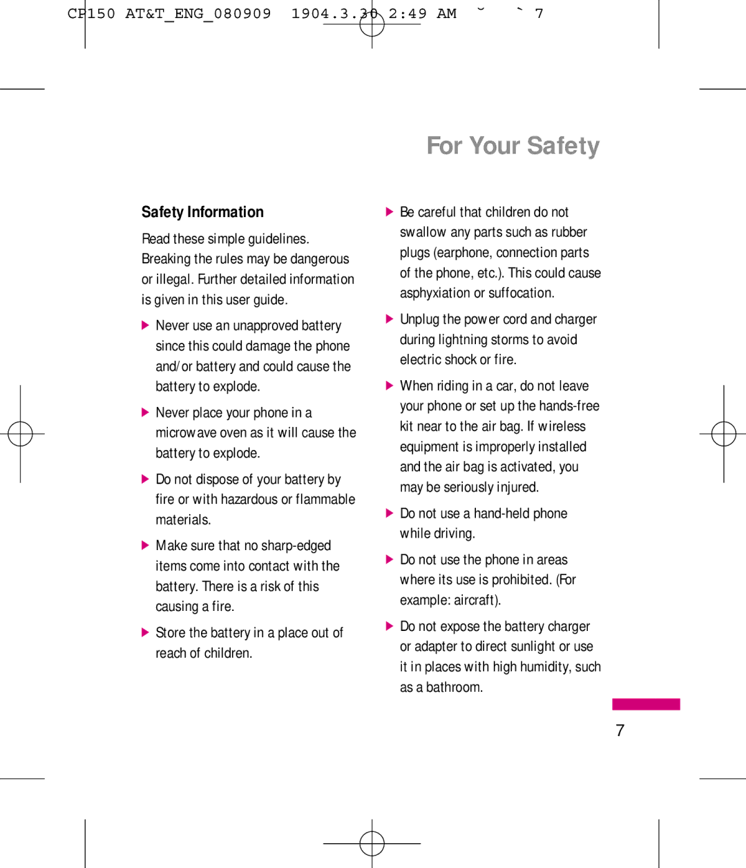 LG Electronics MMBB0292301 manual For Your Safety, Safety Information, Do not use a hand-held phone while driving 