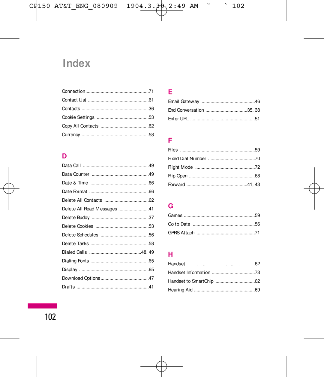 LG Electronics MMBB0292301 manual Index, 102 